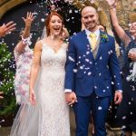 Bride and groom with confetti